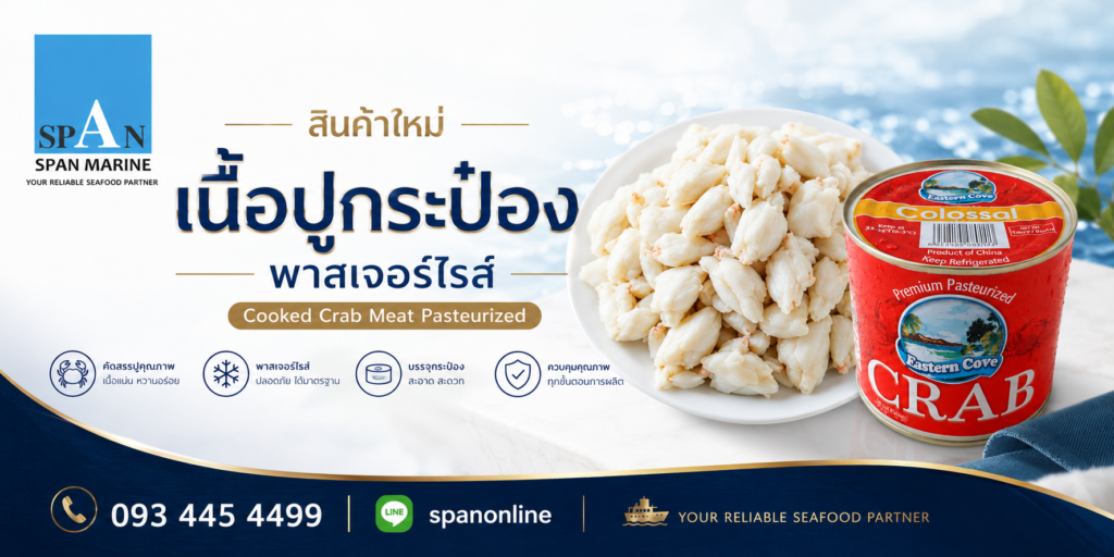 เนื้อปูกระป๋อง พาสเจอร์ไรส์ Cooked Crab Meat Pasteurized จาก Span Marine ภาพสินค้าอาหารทะเลพรีเมี่ยม พร้อมเนื้อปูคุณภาพและกระป๋องสินค้า บนพื้นหลังโทนสีน้ำเงินหรูหรา
